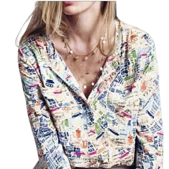 MAEVE Anthropologie Cartography London Map Print Blouse Shirt Top Size 10 - Picture 1 of 10